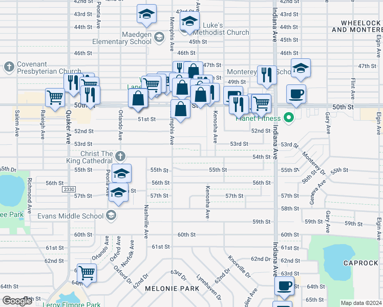 map of restaurants, bars, coffee shops, grocery stores, and more near 3709 53rd Street in Lubbock