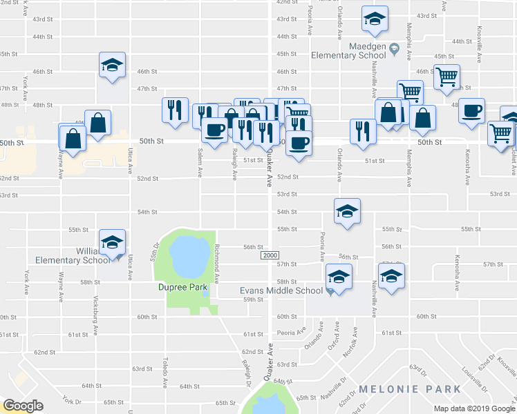 map of restaurants, bars, coffee shops, grocery stores, and more near 4403 53rd Street in Lubbock