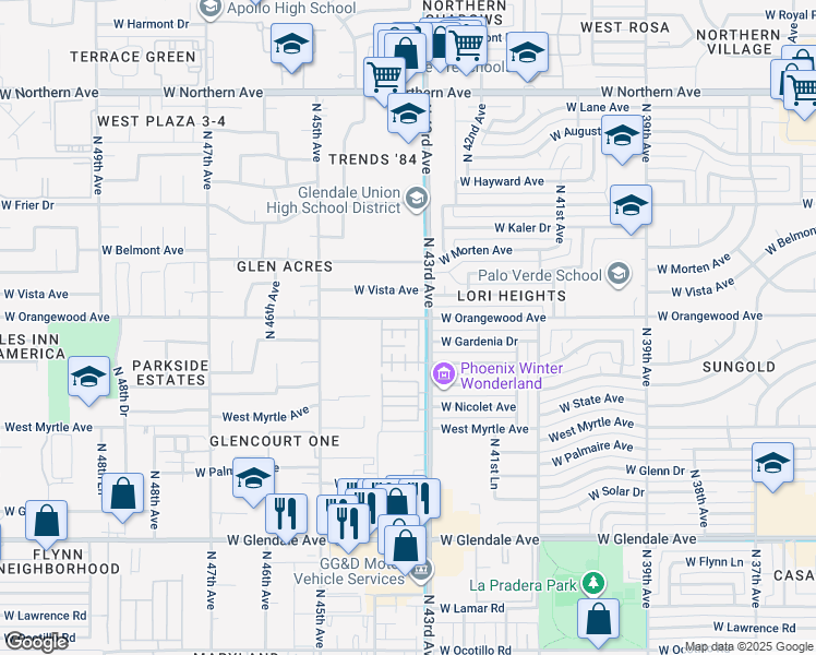 map of restaurants, bars, coffee shops, grocery stores, and more near in Glendale