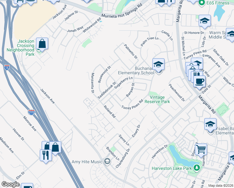 map of restaurants, bars, coffee shops, grocery stores, and more near 40316 Saddlebrook Street in Murrieta