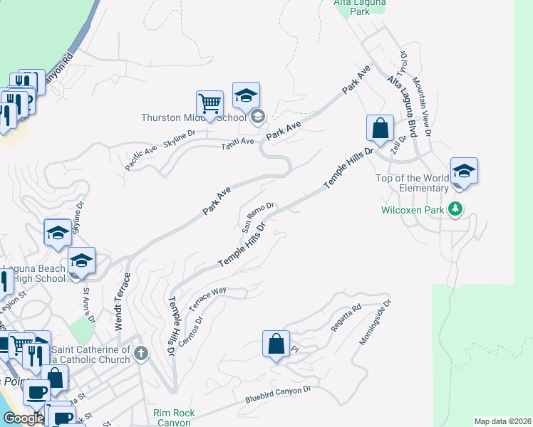 map of restaurants, bars, coffee shops, grocery stores, and more near 2094 San Remo Drive in Laguna Beach