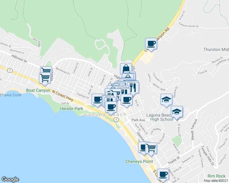 map of restaurants, bars, coffee shops, grocery stores, and more near 103 Cypress Drive in Laguna Beach