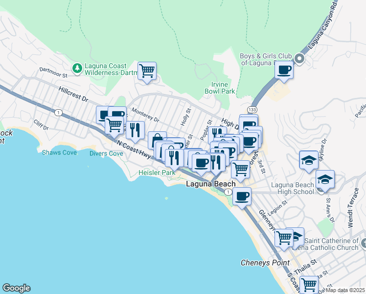 map of restaurants, bars, coffee shops, grocery stores, and more near 380 Aster Street in Laguna Beach