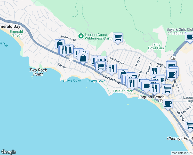 map of restaurants, bars, coffee shops, grocery stores, and more near 678 Cliff Drive in Laguna Beach
