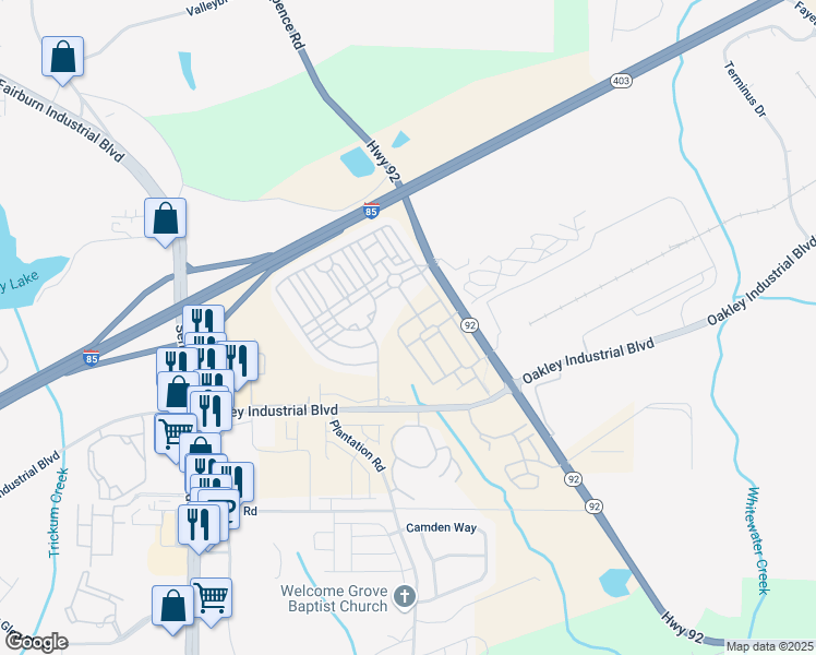 map of restaurants, bars, coffee shops, grocery stores, and more near 7686 Baron Road in Fairburn