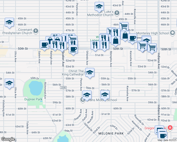 map of restaurants, bars, coffee shops, grocery stores, and more near 3801 53rd Street in Lubbock