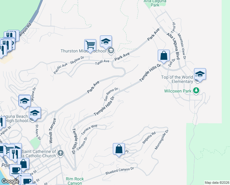 map of restaurants, bars, coffee shops, grocery stores, and more near 2120 Temple Hills Drive in Laguna Beach