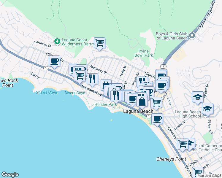 map of restaurants, bars, coffee shops, grocery stores, and more near 374 Cypress Drive in Laguna Beach