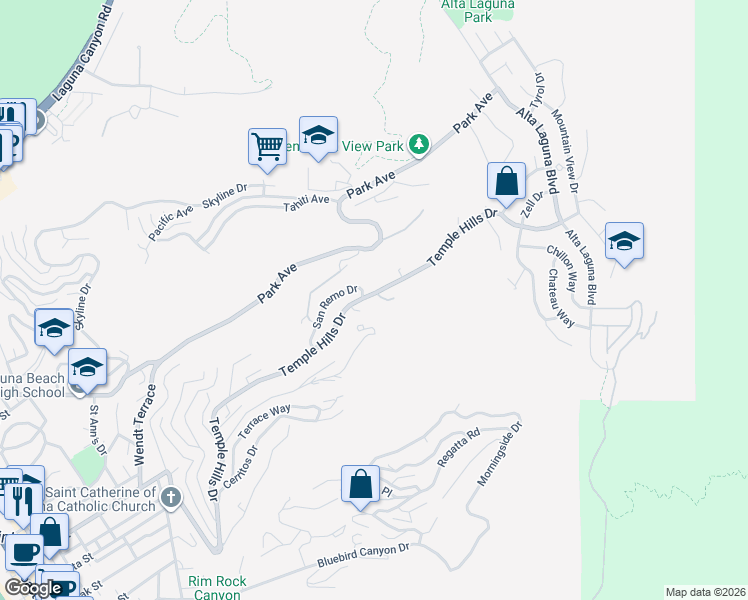 map of restaurants, bars, coffee shops, grocery stores, and more near 2155 Temple Hills Drive in Laguna Beach