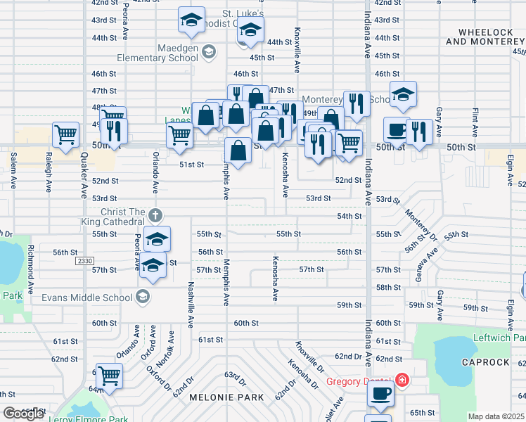 map of restaurants, bars, coffee shops, grocery stores, and more near 3702 54th Street in Lubbock