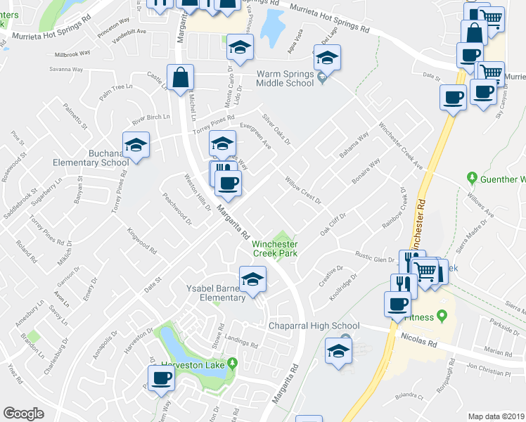 map of restaurants, bars, coffee shops, grocery stores, and more near 27102 Cherry Grove Court in Temecula