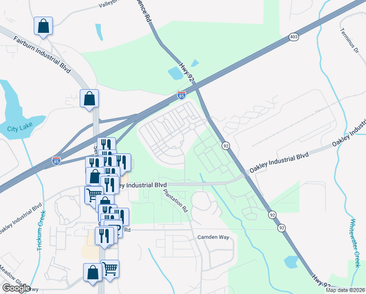 map of restaurants, bars, coffee shops, grocery stores, and more near 7600 Rutgers Circle in Fairburn