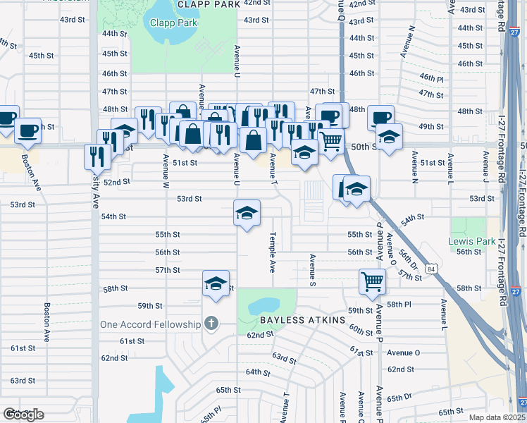 map of restaurants, bars, coffee shops, grocery stores, and more near 2014 54th Street in Lubbock