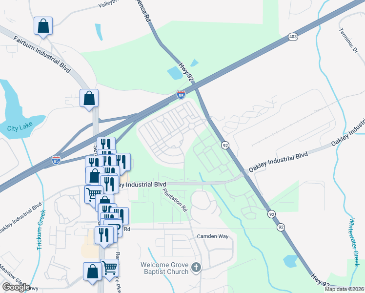 map of restaurants, bars, coffee shops, grocery stores, and more near 7600 Rutgers Circle in Fairburn