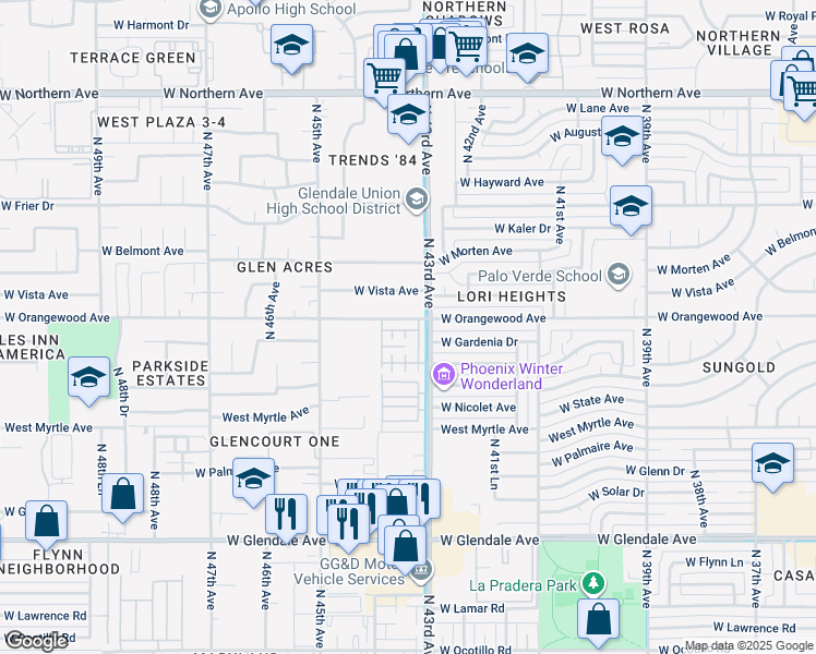 map of restaurants, bars, coffee shops, grocery stores, and more near in Glendale