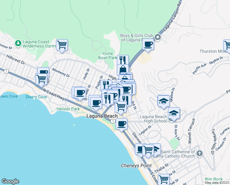 map of restaurants, bars, coffee shops, grocery stores, and more near 100 Cliff Drive in Laguna Beach