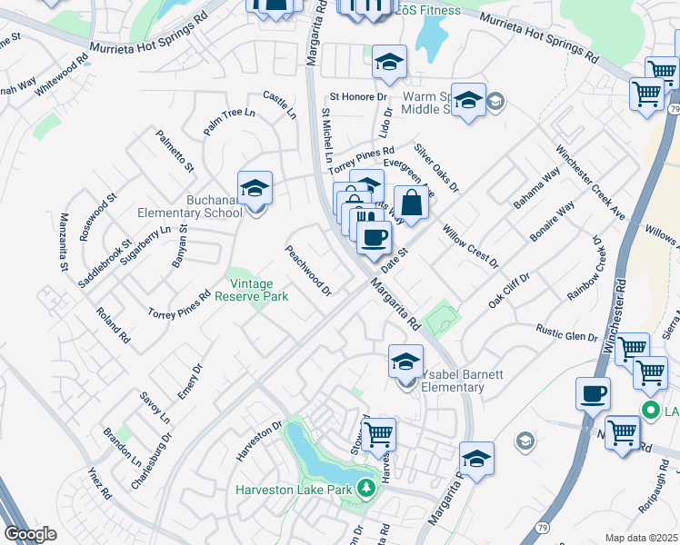 map of restaurants, bars, coffee shops, grocery stores, and more near 38007 Floral Circle in Murrieta