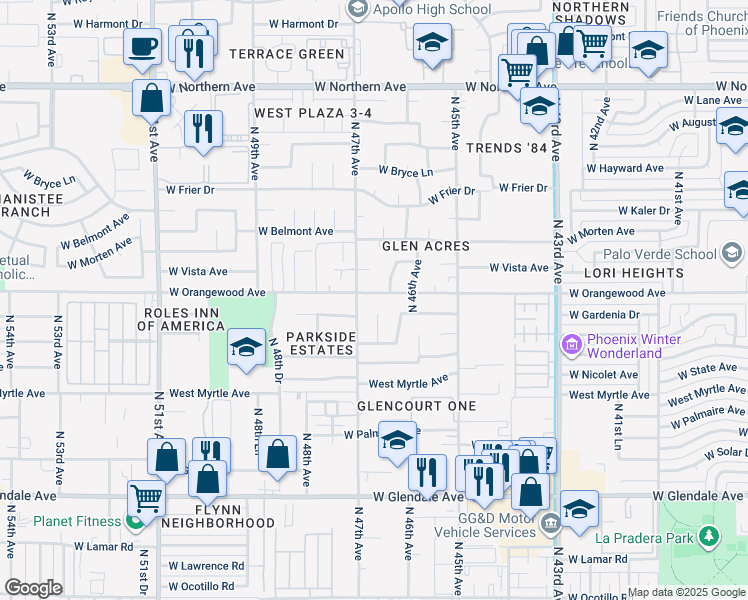 map of restaurants, bars, coffee shops, grocery stores, and more near 4637 West Orangewood Avenue in Glendale