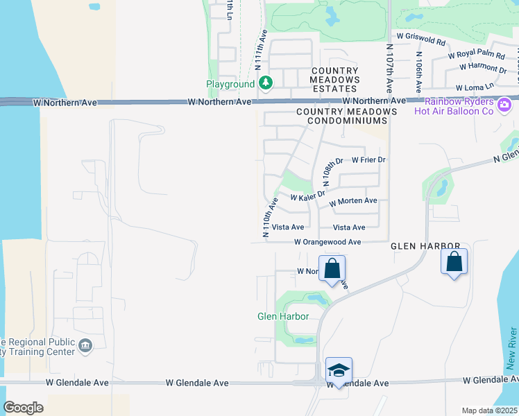 map of restaurants, bars, coffee shops, grocery stores, and more near 7612 North 110th Lane in Glendale