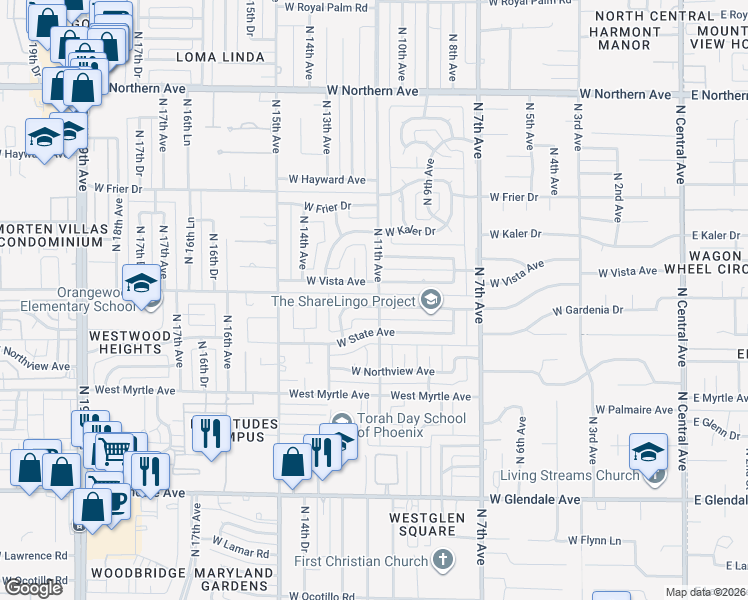 map of restaurants, bars, coffee shops, grocery stores, and more near 1109 West Vista Avenue in Phoenix