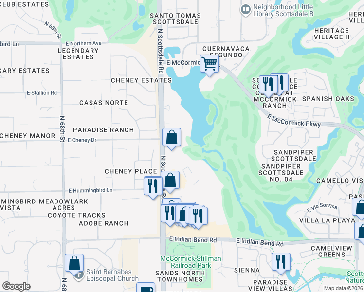 map of restaurants, bars, coffee shops, grocery stores, and more near 7401 North Scottsdale Road in Paradise Valley