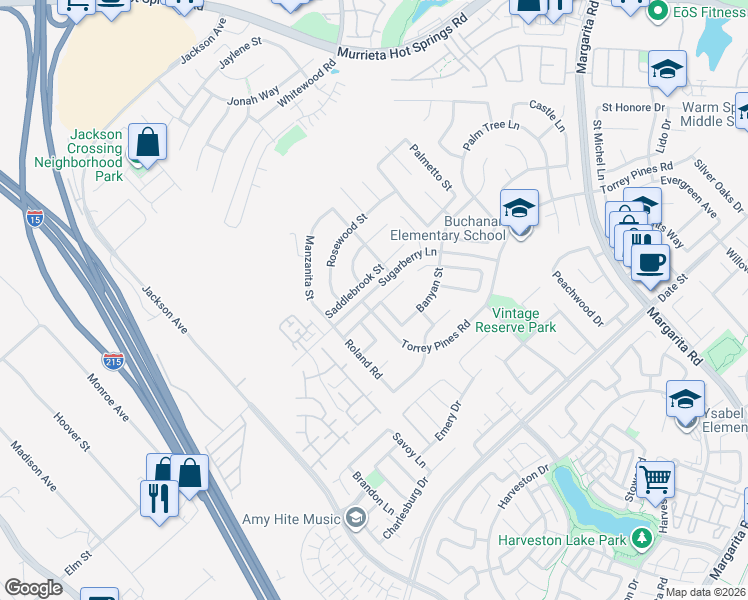 map of restaurants, bars, coffee shops, grocery stores, and more near 40357 Cambridge Street in Murrieta