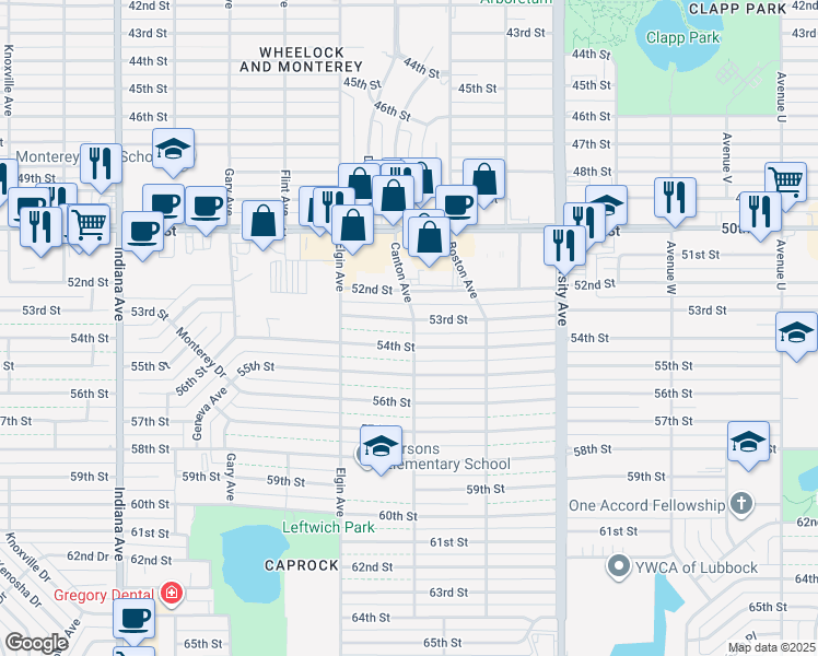 map of restaurants, bars, coffee shops, grocery stores, and more near 2808 53rd Street in Lubbock