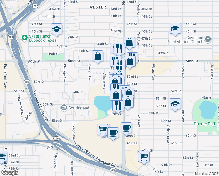 map of restaurants, bars, coffee shops, grocery stores, and more near 7 Albany Avenue in Lubbock