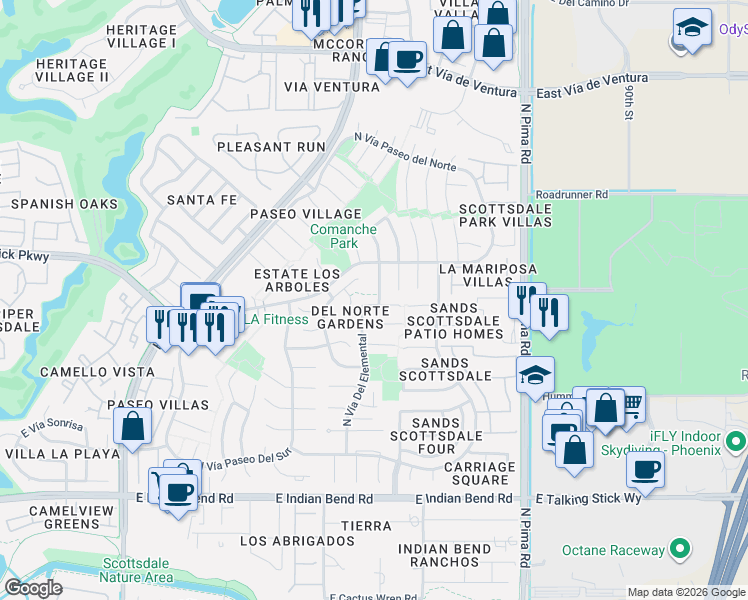 map of restaurants, bars, coffee shops, grocery stores, and more near 7515 North Del Norte Drive in Scottsdale