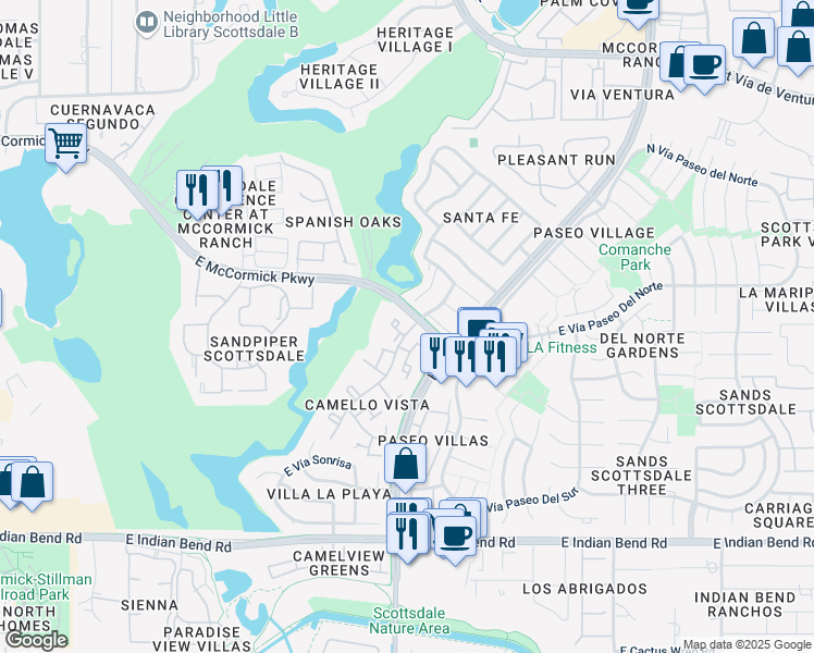 map of restaurants, bars, coffee shops, grocery stores, and more near 7500 North Vía Camello Del Norte in Scottsdale