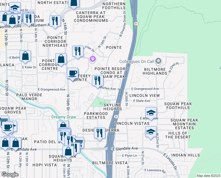 map of restaurants, bars, coffee shops, grocery stores, and more near 1880 East Morten Avenue in Phoenix