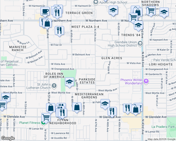 map of restaurants, bars, coffee shops, grocery stores, and more near 4724 West Orangewood Avenue in Glendale