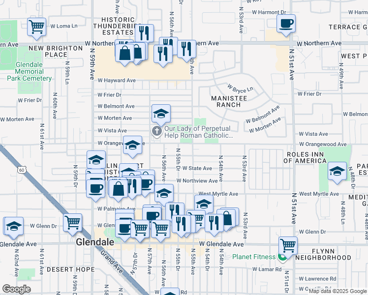 map of restaurants, bars, coffee shops, grocery stores, and more near in Glendale