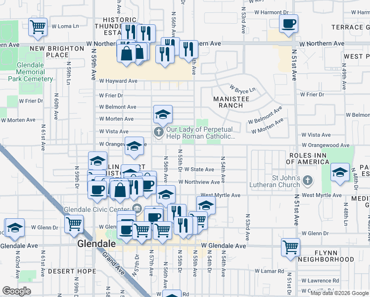 map of restaurants, bars, coffee shops, grocery stores, and more near 5537 West Orangewood Avenue in Glendale