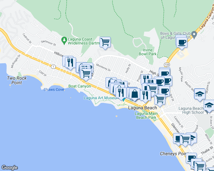 map of restaurants, bars, coffee shops, grocery stores, and more near 315 Locust Street in Laguna Beach