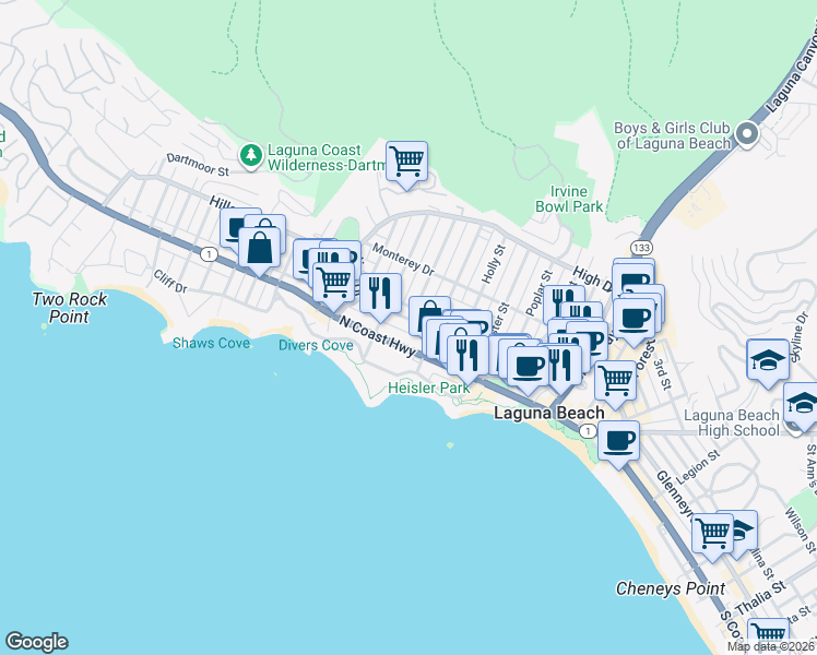 map of restaurants, bars, coffee shops, grocery stores, and more near 315 Locust Street in Laguna Beach