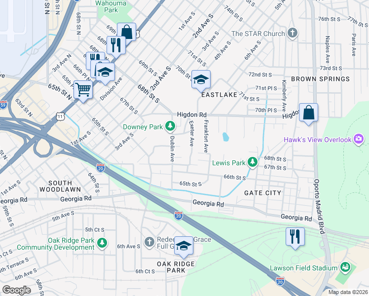 map of restaurants, bars, coffee shops, grocery stores, and more near 6740 Exeter Avenue in Birmingham