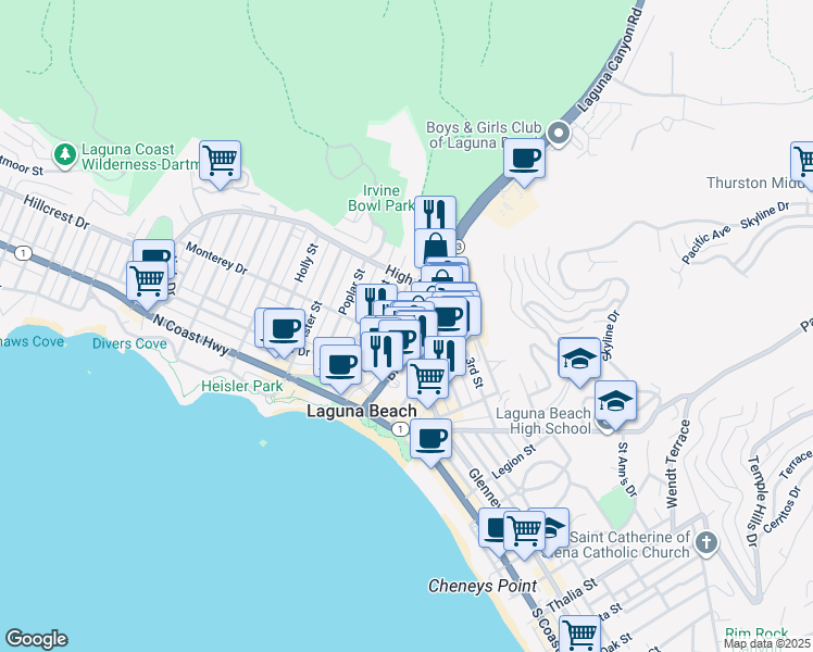 map of restaurants, bars, coffee shops, grocery stores, and more near 100 Cliff Drive in Laguna Beach