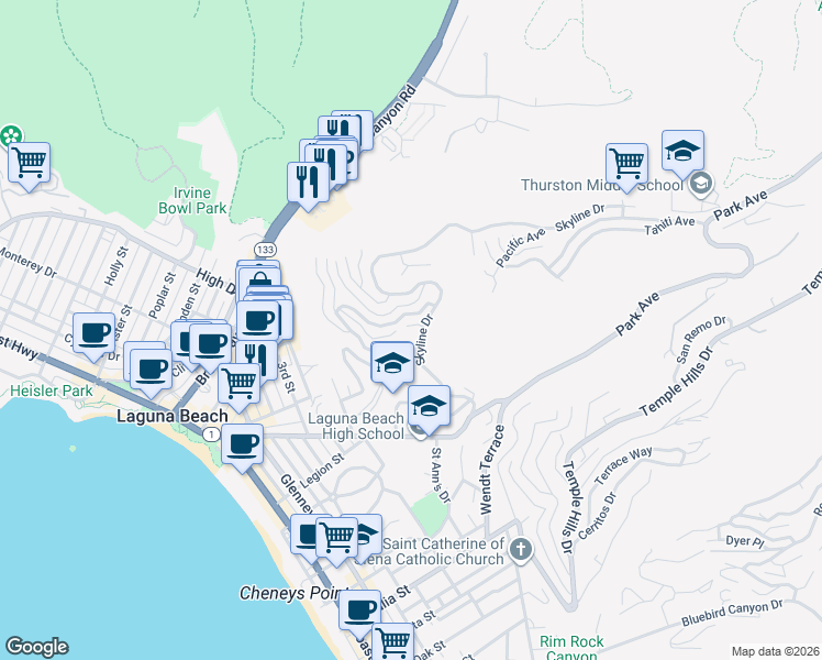 map of restaurants, bars, coffee shops, grocery stores, and more near 554 Vista Lane in Laguna Beach