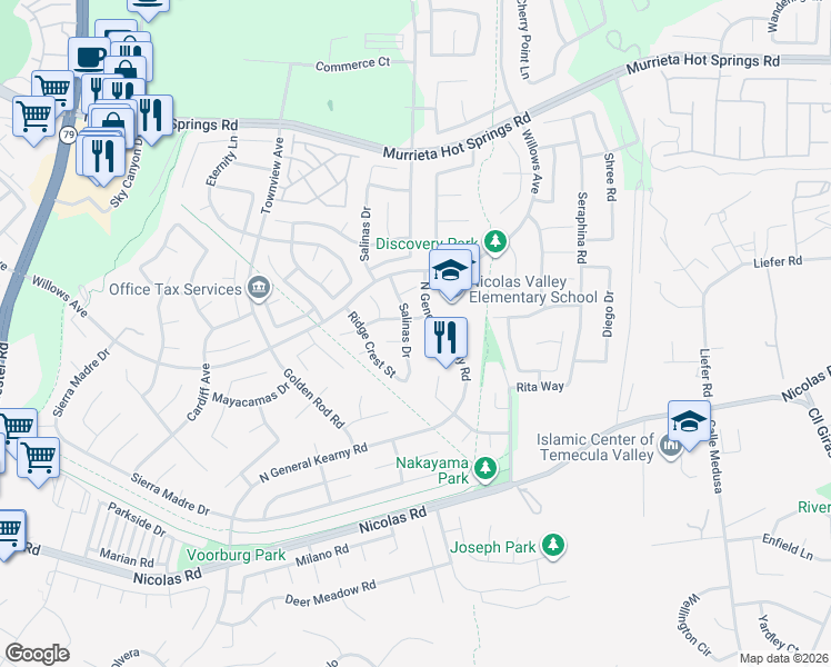 map of restaurants, bars, coffee shops, grocery stores, and more near 30460 Summerside Street in Murrieta