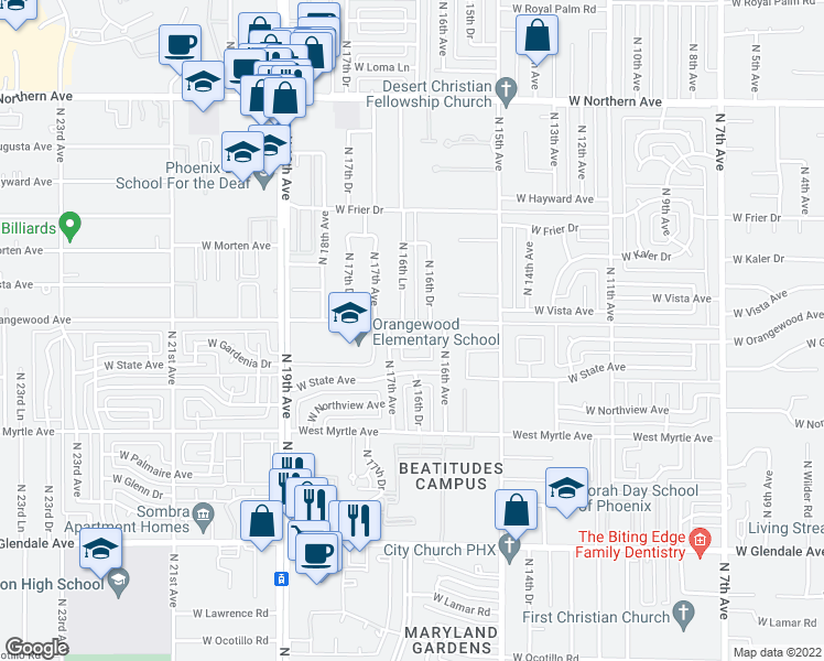 map of restaurants, bars, coffee shops, grocery stores, and more near 7500 North 16th Lane in Phoenix