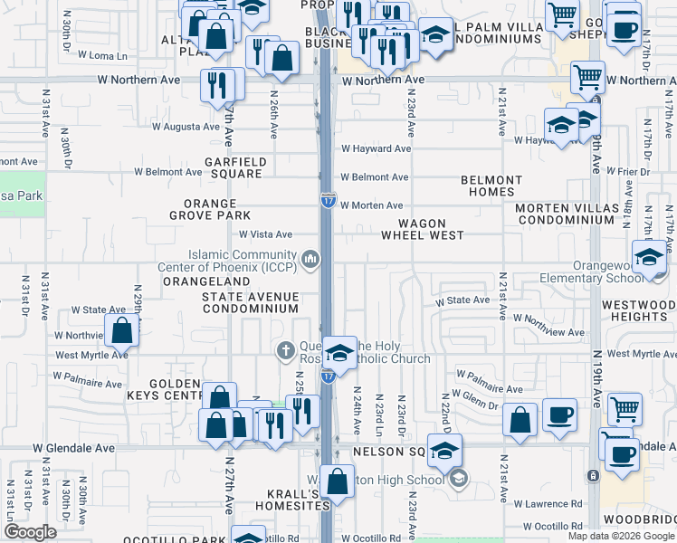 map of restaurants, bars, coffee shops, grocery stores, and more near 2430 West Orangewood Avenue in Phoenix