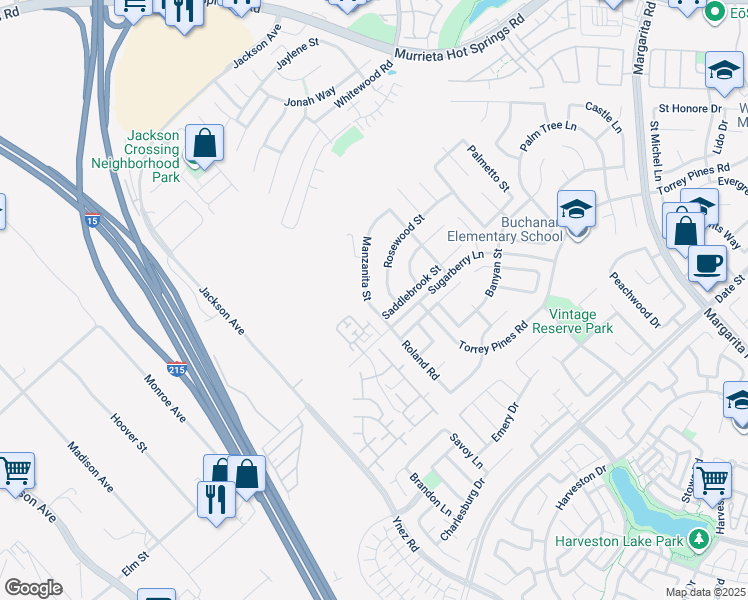 map of restaurants, bars, coffee shops, grocery stores, and more near 26214 Manzanita Street in Murrieta