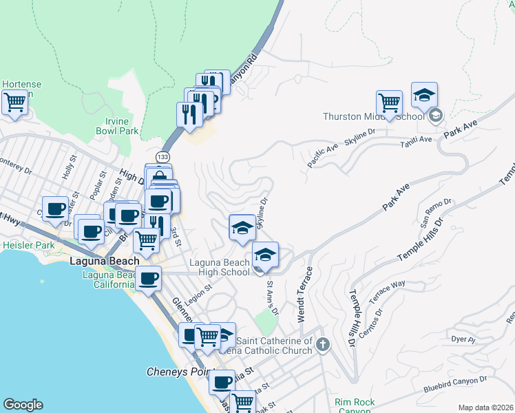 map of restaurants, bars, coffee shops, grocery stores, and more near 1105 Skyline Drive in Laguna Beach