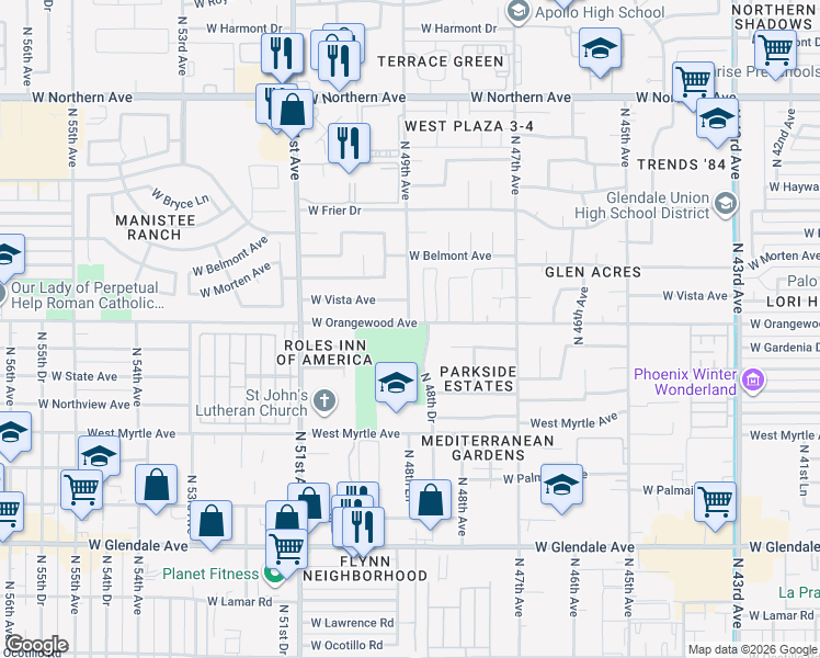 map of restaurants, bars, coffee shops, grocery stores, and more near 4851 West Orangewood Avenue in Glendale