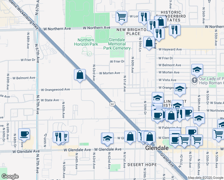 map of restaurants, bars, coffee shops, grocery stores, and more near 7416 North 62nd Avenue in Glendale