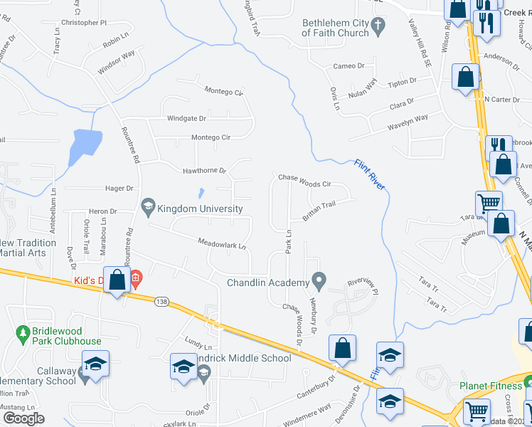 map of restaurants, bars, coffee shops, grocery stores, and more near 216 Chase Woods Circle in Jonesboro
