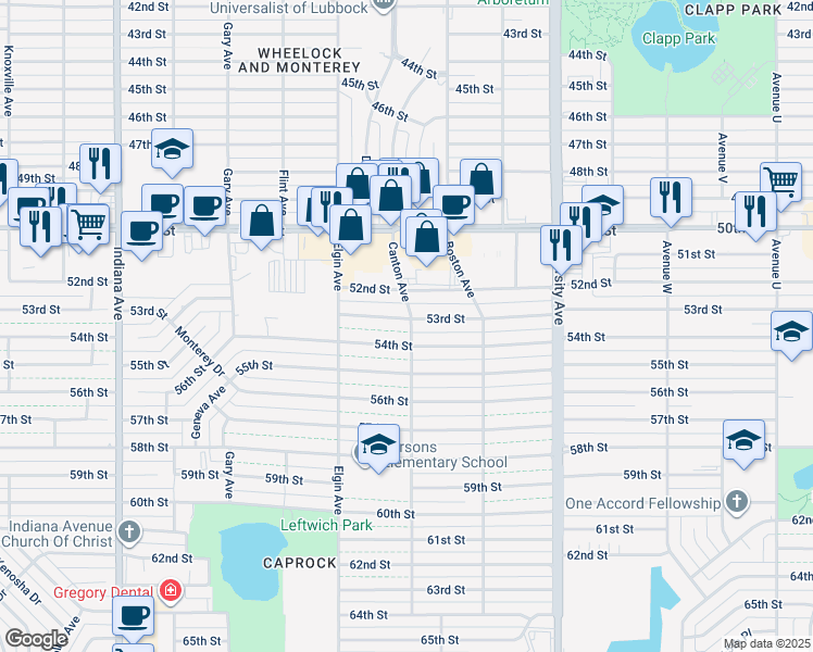 map of restaurants, bars, coffee shops, grocery stores, and more near 2808 53rd Street in Lubbock