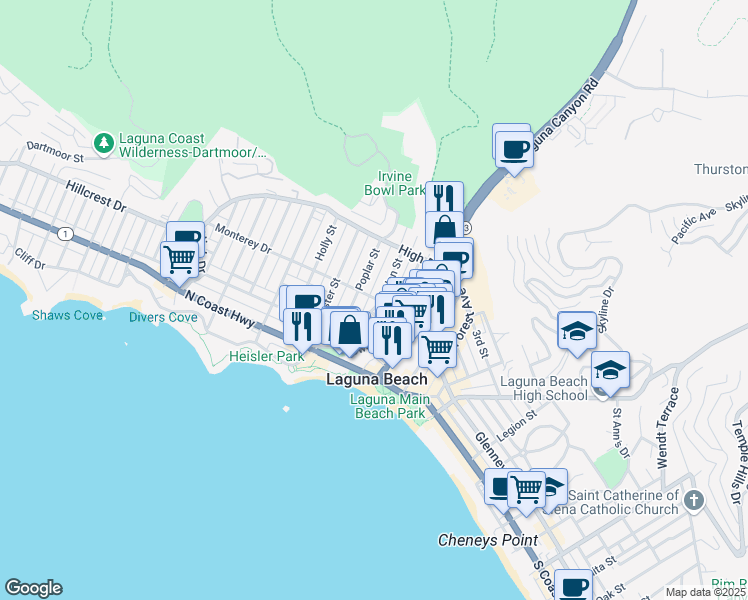 map of restaurants, bars, coffee shops, grocery stores, and more near 215 Monterey Drive in Laguna Beach