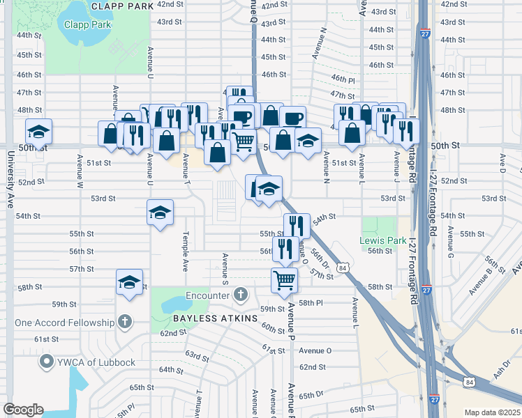map of restaurants, bars, coffee shops, grocery stores, and more near 5300 Avenue Q in Lubbock